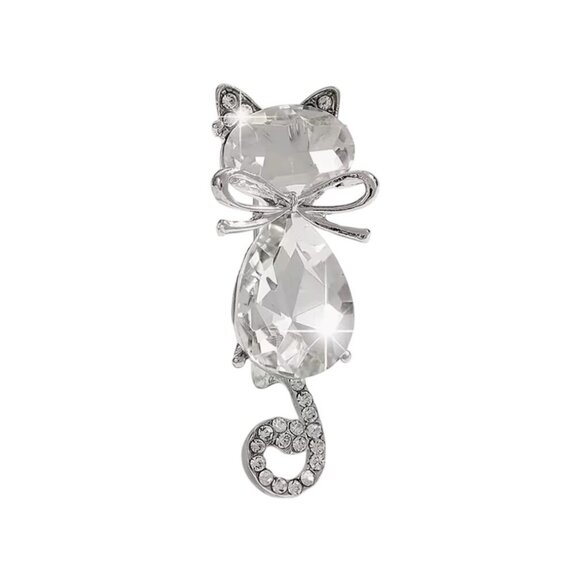 Clear Crystal Cat Brooch Silver Tone - Picture 1 of 2